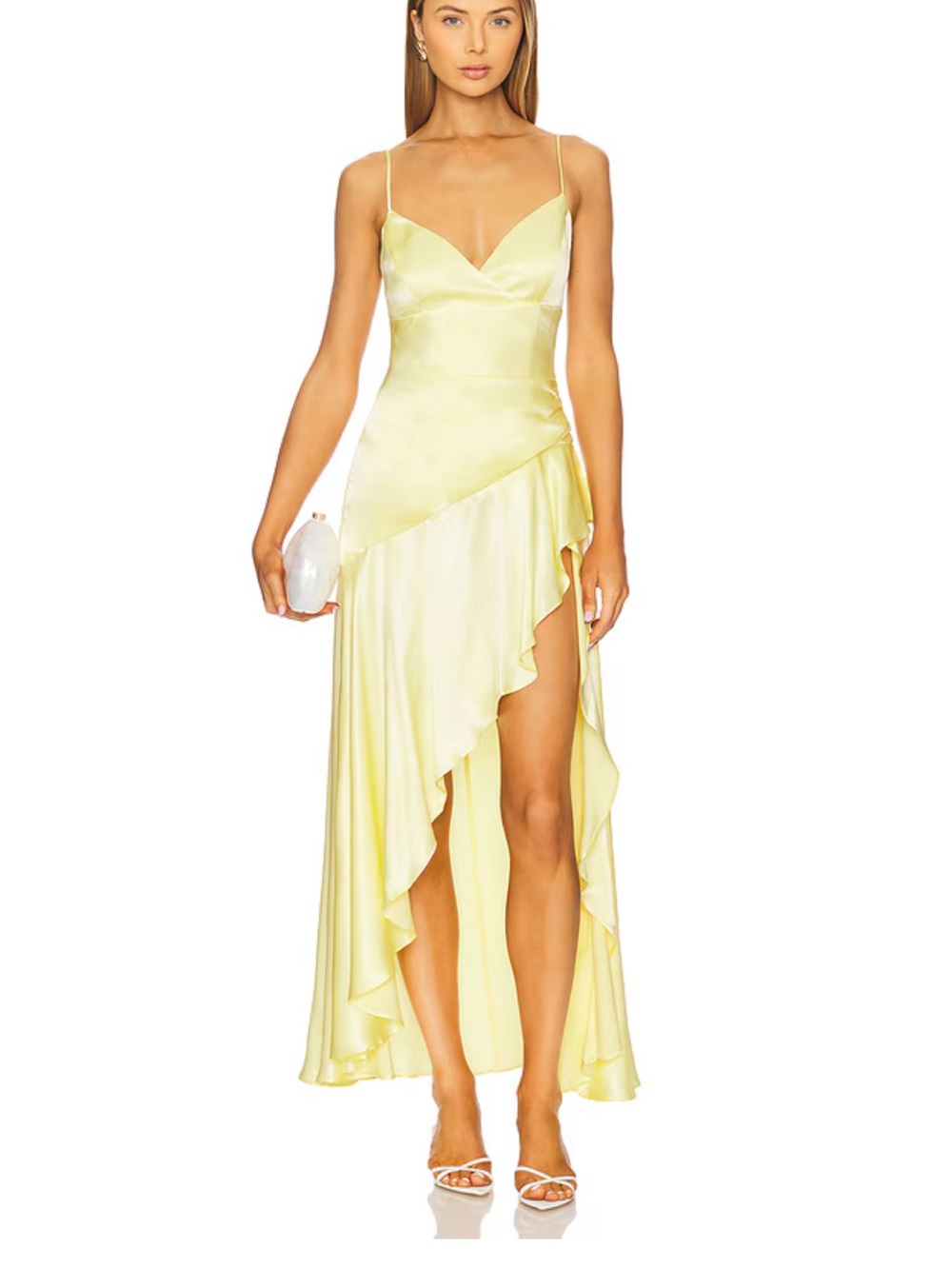 Bardot Lemon Satin Asymmetric Ruffle High-Low Dress
